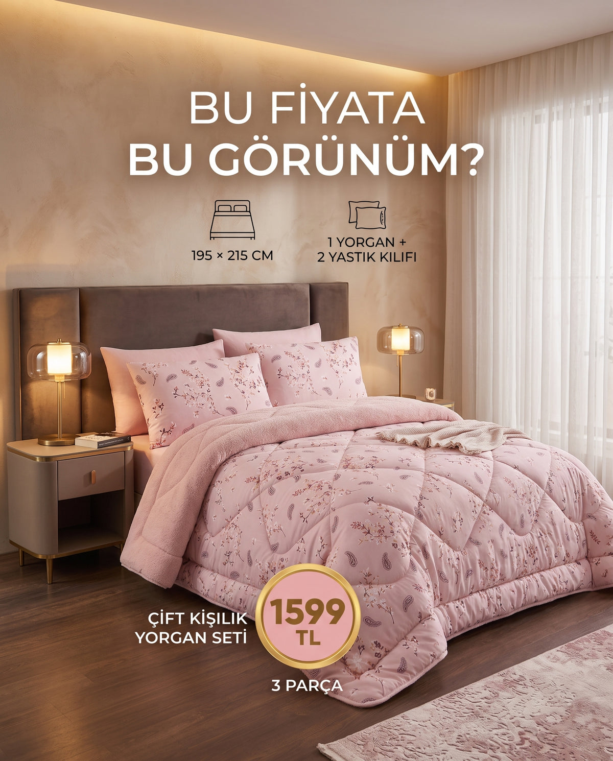 Minik Çiçekli Pembe Çift Kişilik Wellsoft Yorgan Seti