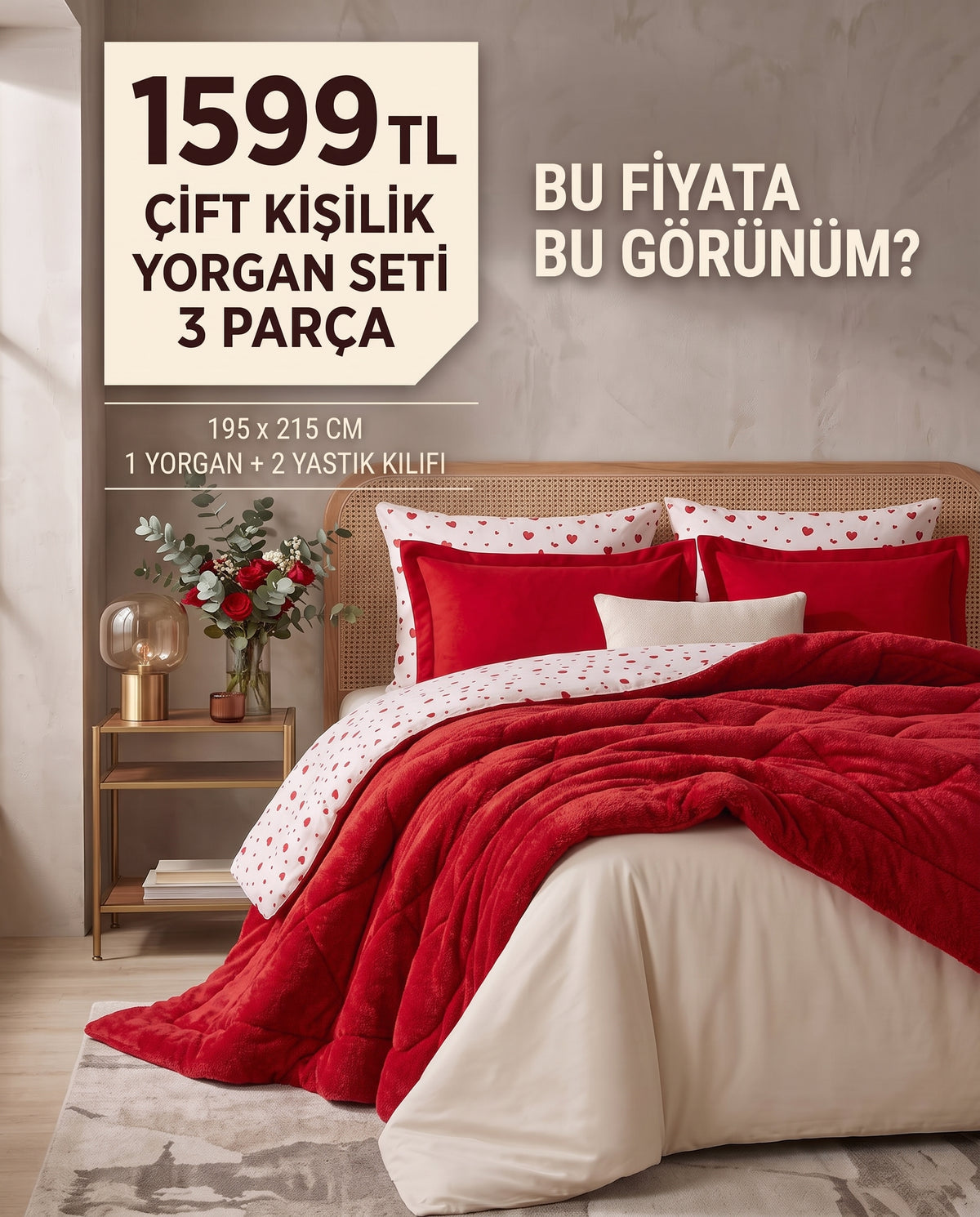 Kalpli Kırmızı Çift Kişilik Wellsoft Yorgan Seti