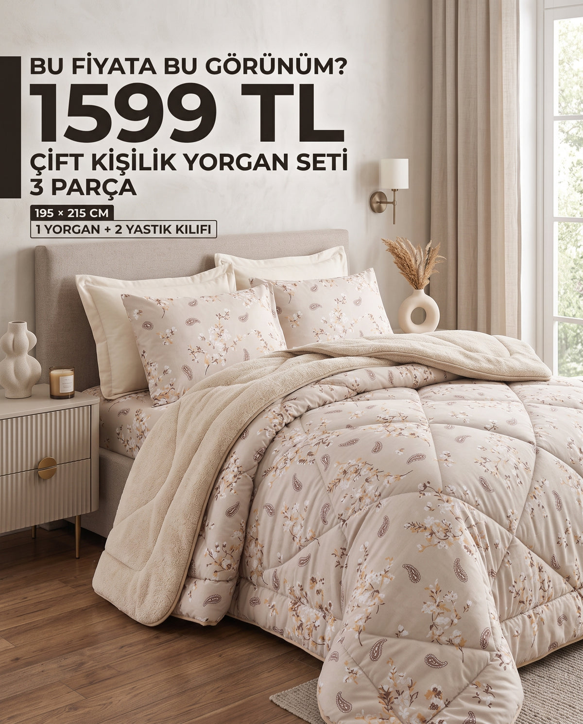 Minik Çiçekli Krem Çift Kişilik Wellsoft Yorgan Seti