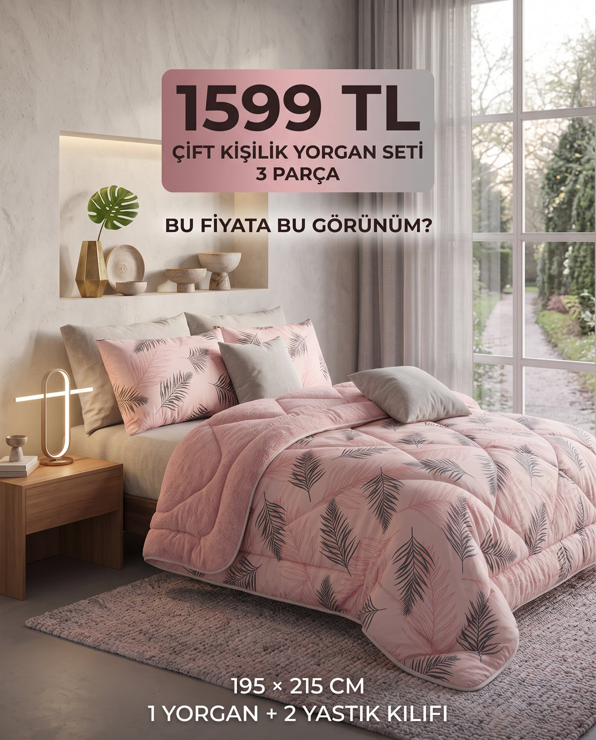 Tüylü Pembe Çift Kişilik Wellsoft Yorgan Seti