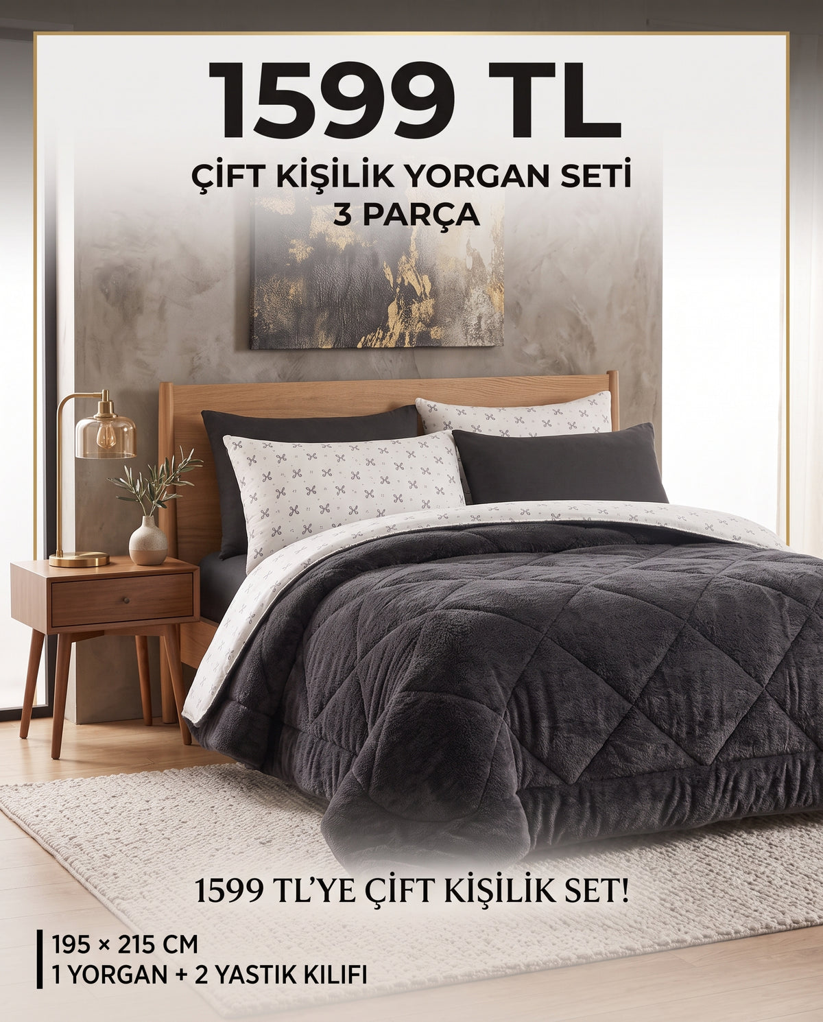 Kurdeleli Siyah Çift Kişilik Wellsoft Yorgan Seti