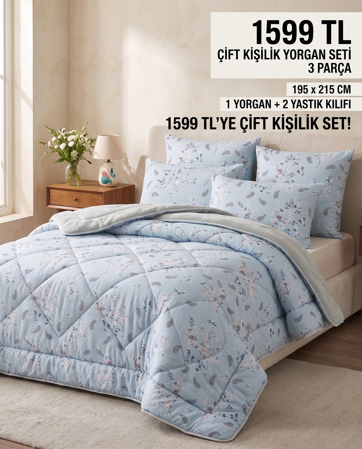 Minik Çiçekli Mavi Çift Kişilik Wellsoft Yorgan Seti