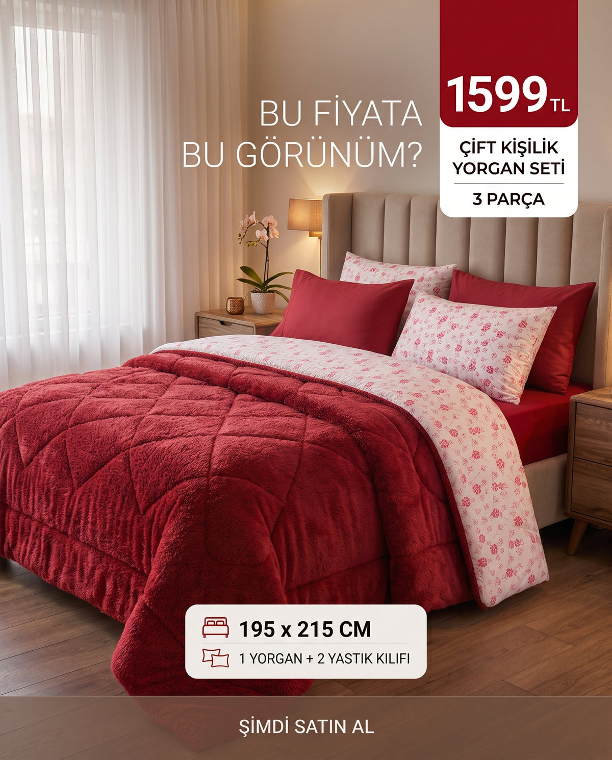 Çiçekli Kırmızı Çift Kişilik Wellsoft Yorgan Seti
