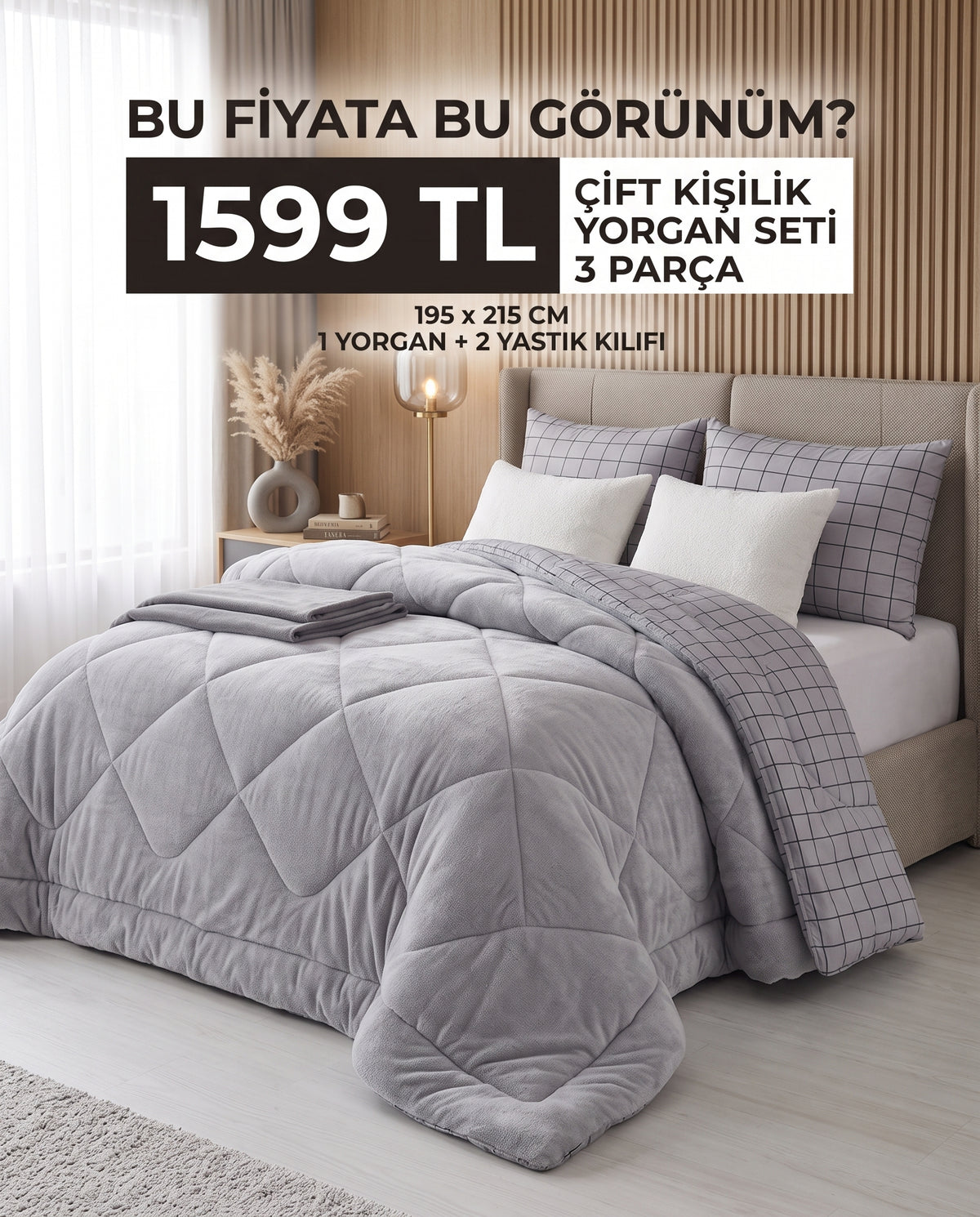 Kareli Gri Çift Kişilik Wellsoft Yorgan Seti