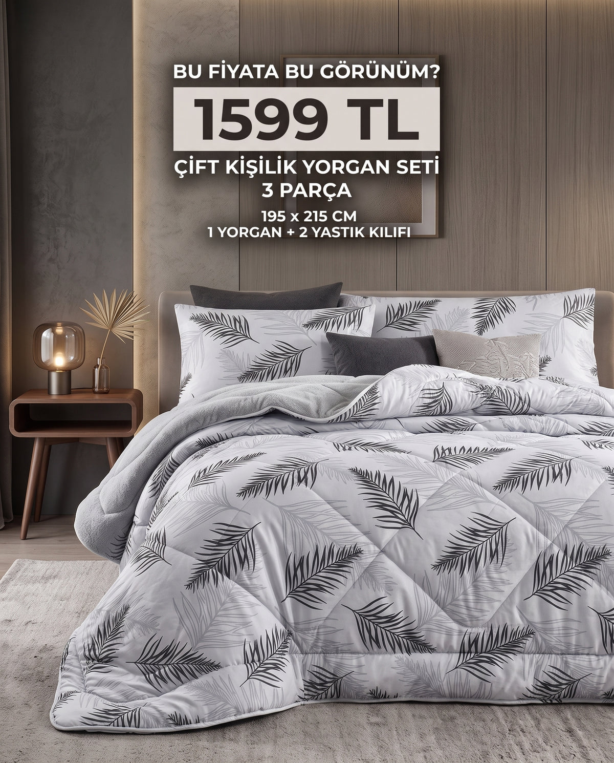 Tüylü Gri Çift Kişilik Wellsoft Yorgan Seti