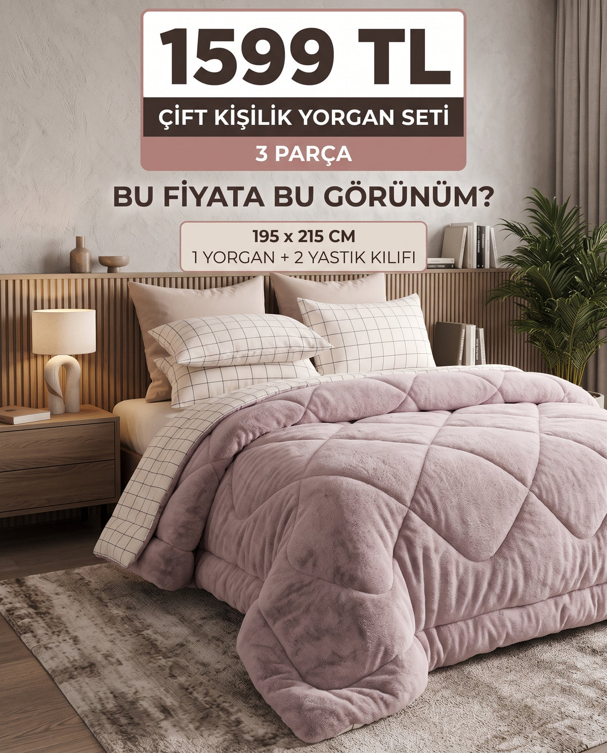 Kareli Bej Çift Kişilik Wellsoft Yorgan Seti